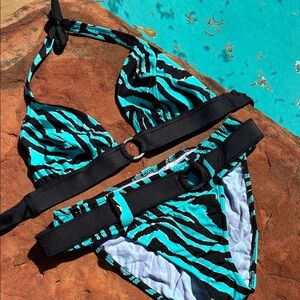 VENUS Black & Teal Zebra Ring-Accent James Bond Style Bikini 10